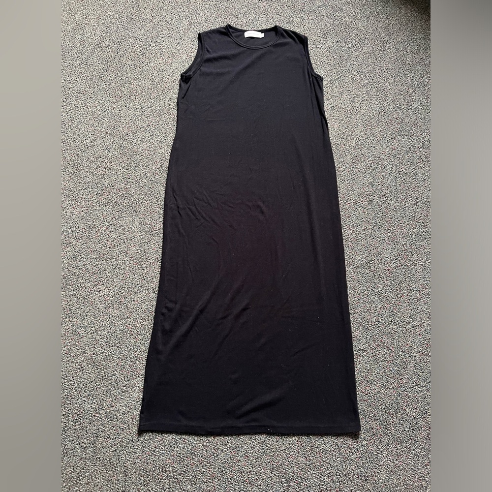 Modest Black Ribbed Stretchy Sleeveless Layering Round High Neck Maxi Midi Dress - Picture 8 of 16